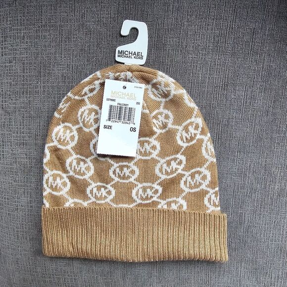 Michael Kors Women`s Bordered MK Logo Cuff Beanie HAT Tan & white NWT - Picture 1 of 11